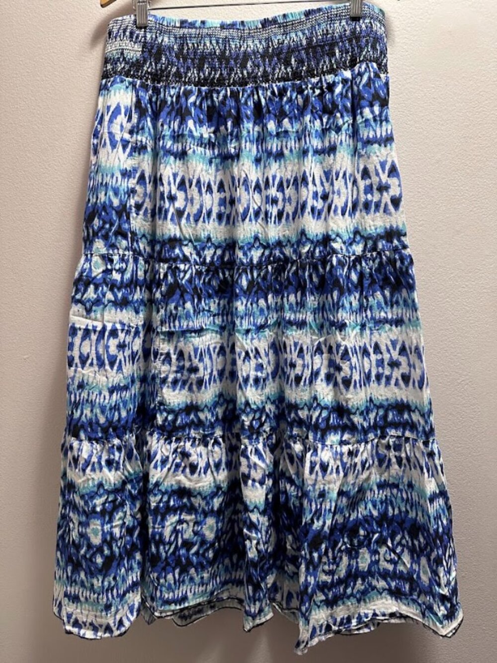 Jessica Blue Boho Tiered Cotton Maxi Skirt Smocked Waist L 14-16